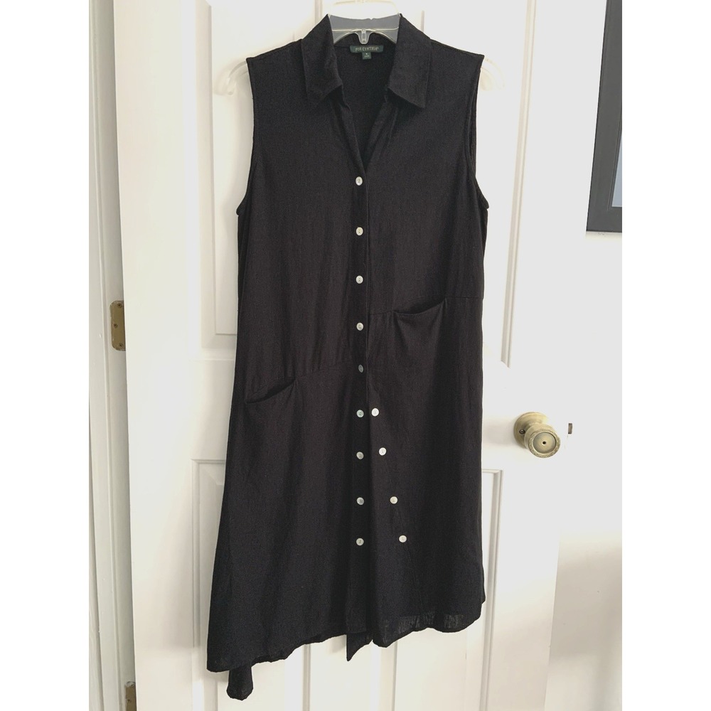 For Cynthia Asymmetrical Shirt Dress Button Front Black Linen Blend Size S Artsy